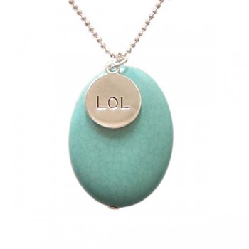 Sterling Silver Necklace Genuine Stone Turquoise Color 15mm Lol Charm