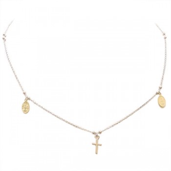 Sterling Silver Necklace Cross with Gold Dangling Mother Mary at Side