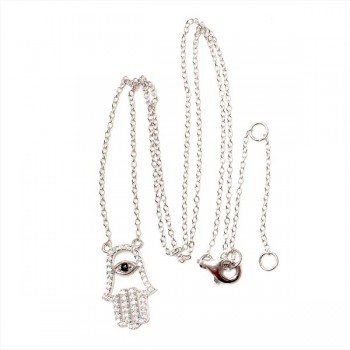 Sterling Silver Necklace Clear Cubic Zirconia Hamsa Hand with Black Cubic Zirconia Evil Eye