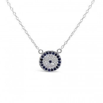 Sterling Silver Necklace 11mm Rd Evil Eye with Blue+Yellow+Clear Cubic Zirconia 16+2"