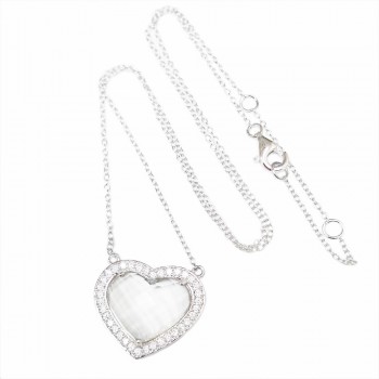 Sterling Silver Necklace 19X17mm Faceted Heart Clear Crystal