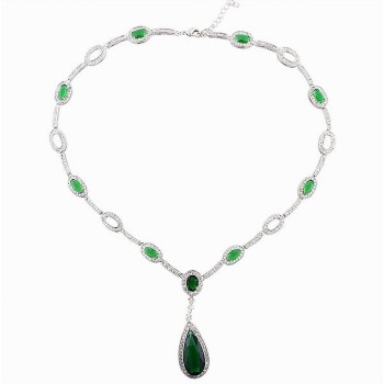 Brass Necklace Oval+Teardrop Synthetic Emerald