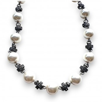 Marcasite Necklace 18 In. White Glass Pearl with Marcasite 'X'+Toggle