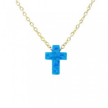 STERLING SILVER NECKLACE SYNTHETIC DARK BLUE OPAL CROSS*GOLD
