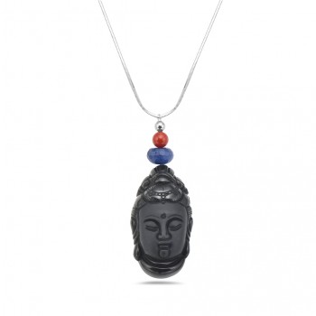 Sterling Silver NECKLACE OBSIDIAN GUAN YIN LAPIS AND CORAL BEADS