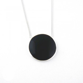 Sterling Silver NECKLACE ROUND BLACK ONYX  28 MM SILVER WRAP