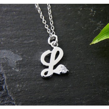 Sterling Silver NECKLACE INITIAL SCRIPT L WITH A PIECE OF CZ