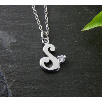 Sterling Silver NECKLACE INITIAL SCRIPT S WITH A PIECE OF CZ
