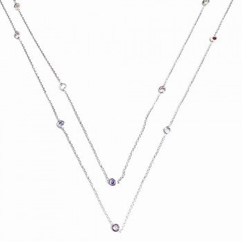 Sterling Silver Necklace Garnet, Champagne,Ame,Pink,Lg,Clear Cubic Zirconia Bezel 60"+2"