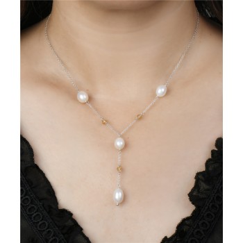 Sterling Silver Necklace 16 In.+2 In. Ext 10-8mm Fresh Water Pearl-4 + Champagne Crystal