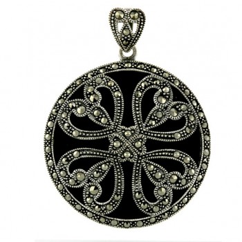 Marcasite Pendant 38X38mm Onyx Round with 4 Marcasite Open Hearts Twi
