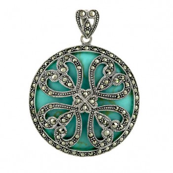 Marcasite Pendant 38X38mm Faux Turquoise Round with 4 Marcasite Open Hearts