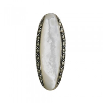 Marcasite Pendant Long Oval White Mother of Pearl with Marcasite both Side