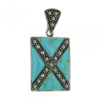 Marcasite Pendant 20X15mm Rectangular Faux Turquoise with Marcasite 'X'