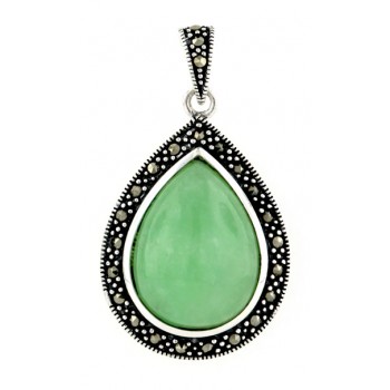 Marcasite Pendant Tear Drop Cabochon Green.Jade with Marcasite Around