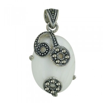 Marcasite Pendant Cabochon White River Shell Mother of Pearl with 3 Circle