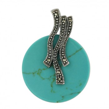 Marcasite Pendant 23mm Round Faux Turquoise with 3 Wavy Lines Top