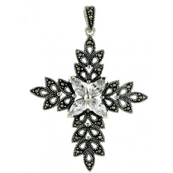 Marcasite Pendant Marquis Cross with 4 Clear Cubic Zirconia Marquis