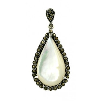 Marcasite Pendant Cabochon White Mother of Pearl with Marcasite Around