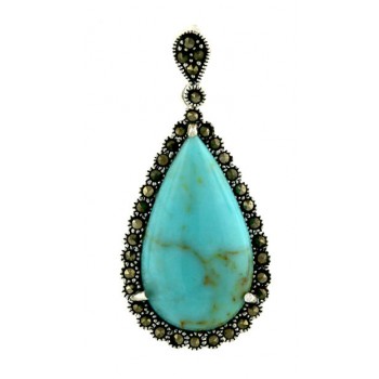 Marcasite Pendant Cabochon Faux Turquoise with Marcasite Around