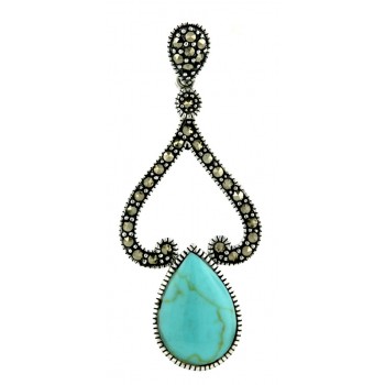 Marcasite Pendant Open Heart with Faux Turquoise Tear Drop