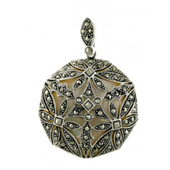 Marcasite Pendant Flower Motif Open Dome with White Mother of Pearl Back