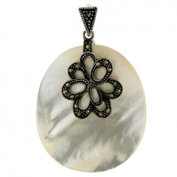 Marcasite Pendant 39X34mm Cabochon Oval White Mother of Pearl with Marcasite Open