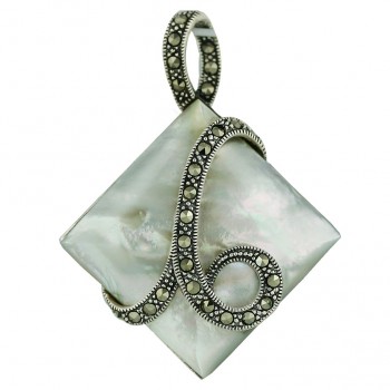 Marcasite Pendant 26X26mm Square Cabochon White Mother of Pearl with Marcasite Swirl