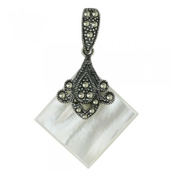 Marcasite Pendant 28X28mm White Mother of Pearl Rhombus with Flower Motif To
