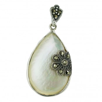 Marcasite Pendant (Sm) Tear Drop White Mother of Pearl with Marcasite Flower