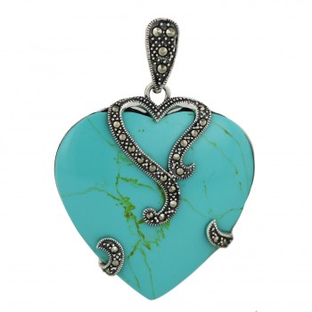 Marcasite Pendant (W=36mm) Faux Turquoise Heart with Marcasite Heart