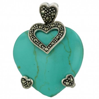 Marcasite Pendant (W=24mm) Faux Turquoise Heart+Open Marcasite Heart+2 Hea