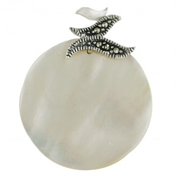 Marcasite Pendant 30mm Round Flatbase White Mother of Pearl with Plain+Marcasite