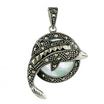 Marcasite Pendant 22.5mm Marcasite Circle (White Mother of Pearl) with Dolphin+Square