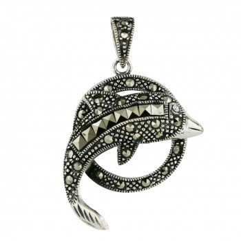 Marcasite Pendant 22.5mm Marcasite Circle with Dolphin+Square Cut Marcasite