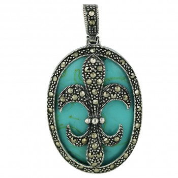 Marcasite Pendant 38X29mm Oval Faux Turquoise with Marcasite F-D-L
