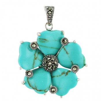 Marcasite Pendant 5 Faux Turquoise Heart Petal with Round Marcasite Between