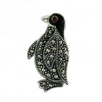 Marcasite Black Enamel Penguin with Garnet Cubic Zirconia Eyes