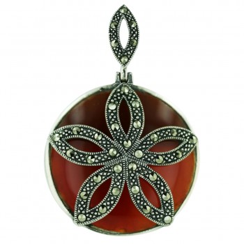 Marcasite Pendant 32mm Round Carnelian with Marcasite Flower
