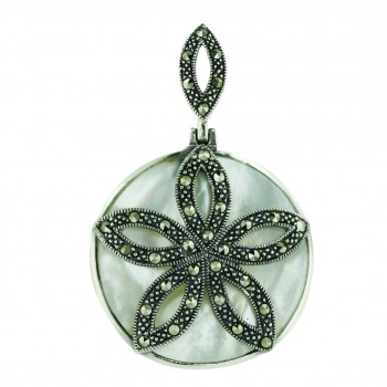 Marcasite Pendant 32mm Round Mother of Pearl with Marcasite Flower