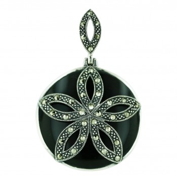 Marcasite Pendant 32mm Round Onyx with Marcasite Flower
