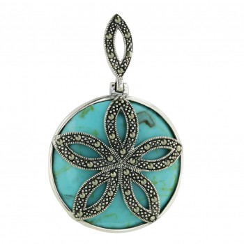 Marcasite Pendant 32mm Round Faux Turquoise with Marcasite Flower