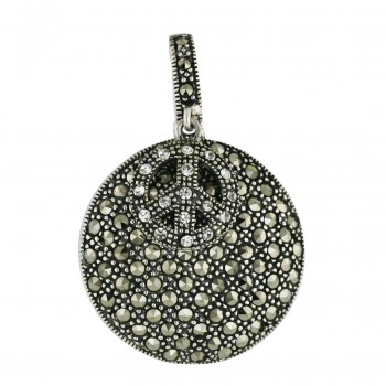 Marcasite Pendant 26X26mm Pave Marcasite Round with Clear Cubic Zirconia Open Peace S