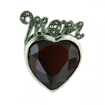 Marcasite Pendant 17mm Garnet Cubic Zirconia Heart Bezel Set with "Mom" Top
