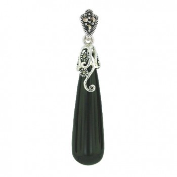 Marcasite Pendant Oblongated Onyx Drop with Filigree Top