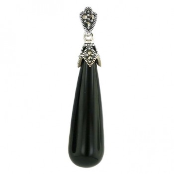 Marcasite Pendant Oblongated Onyx Drop with Marcasite Rhombus Top