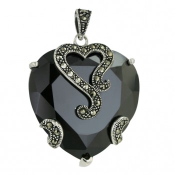 Marcasite Pendant 31X31mm Black Cubic Zirconia Heart with Open Oxidized Rope H