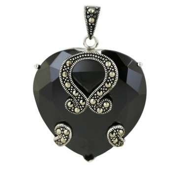 Marcasite Pendant 32X32mm Black Cubic Zirconia Heart with Swirl Oxidized Rope