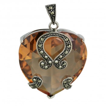 Marcasite Pendant 32X32mm Champagne Cubic Zirconia Heart with Swirl Oxidized Rope
