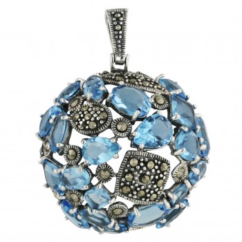 Marcasite Pendant 32mm Blue Topaz Glass Round with Tear Drop+Rhomb